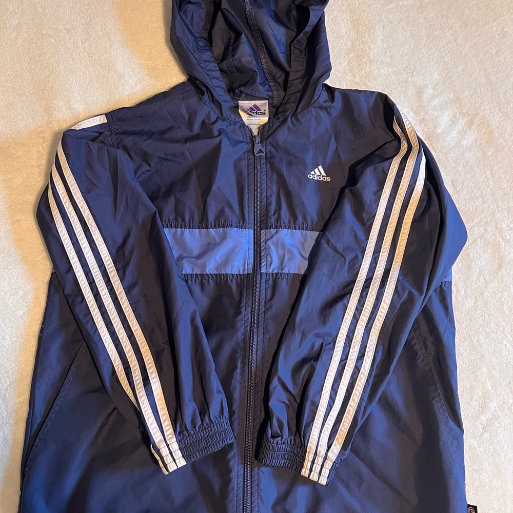 Adidas Girls Dark Blue Windbreaker with White Stripes